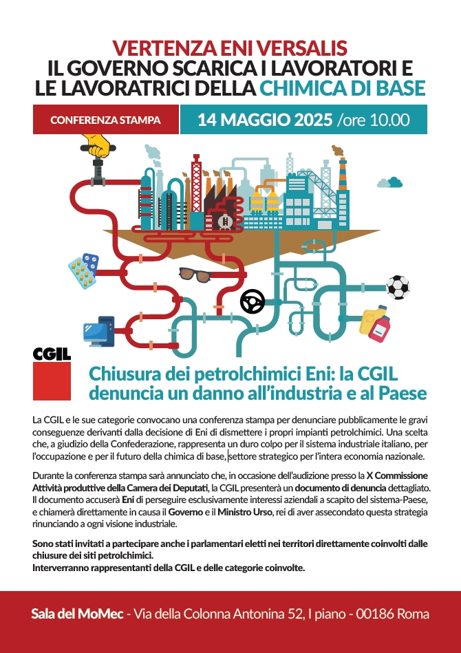 Conferenza stampa Cgil chiusura impianti Eni Versalis 14 maggio 2025